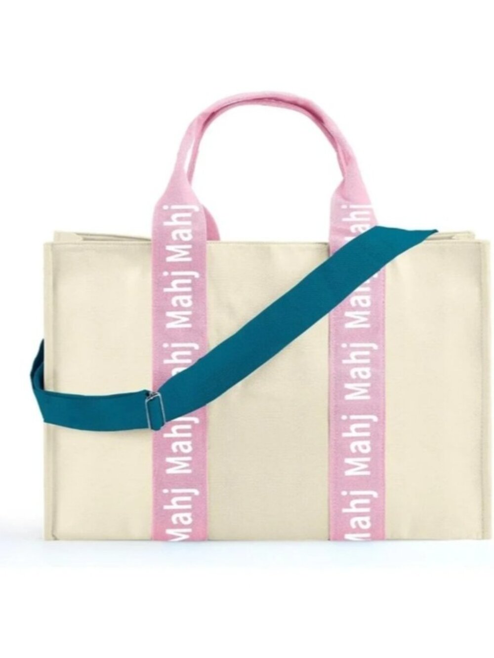 Thick Canvas Mahjong Tote Bag Pink White 22x15x6 Zipper Pocket Lined Handles